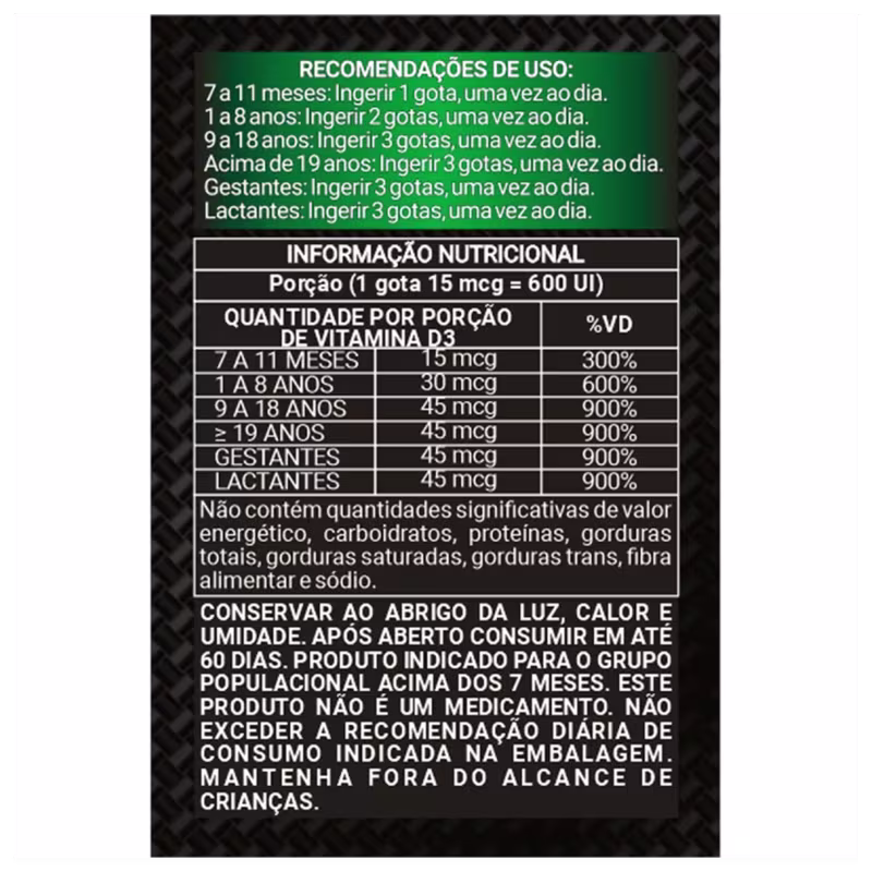 A imagem mostra a tabela nutricional do produto assim como recomendação de uso.