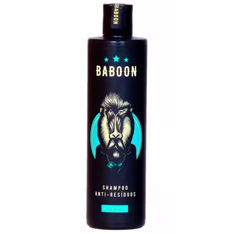 Shampoo anti-resíduos Baboon em frasco preto de 500ml. O frasco tem uma imagem de um babuíno dentro de um círculo azul turquesa. O nome do produto "Baboon" está escrito em letras grandes amareladas, com três estrelas acima.