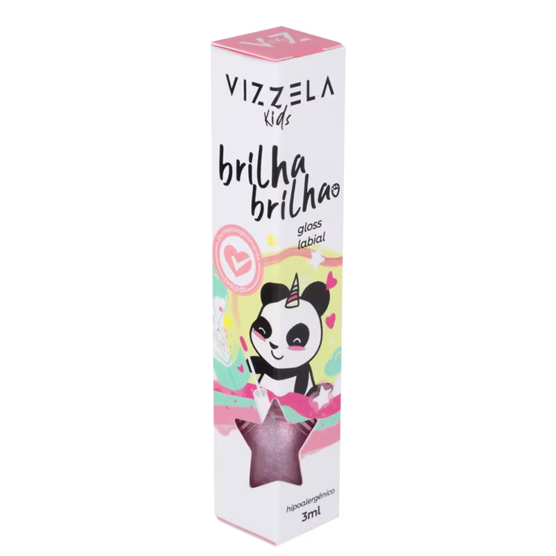 Produto de maquiagem infantil Vizzela Kids. Embalagem retangular com fundo branco e detalhes em rosa, amarelo e azul. Rótulo "brilha brilha" com ilustração de panda unicórnio.