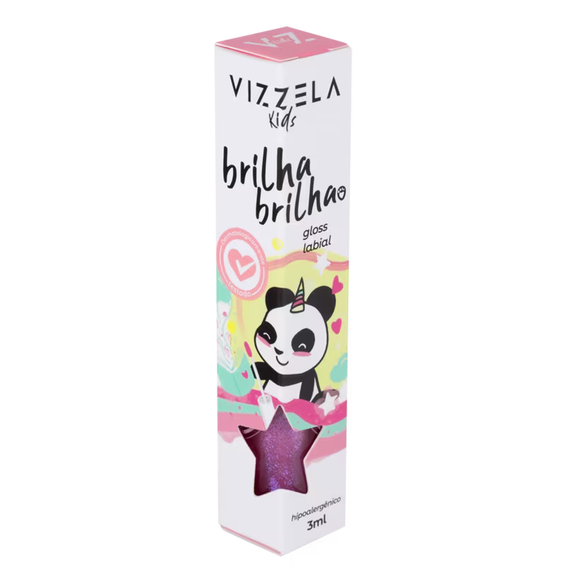 Produto de maquiagem labial infantil da linha Vizzela Kids. Embalagem retangular branca com detalhes em rosa e azul. Rótulo "brilha brilha" em letras pretas e imagem de um panda unicórnio estilizado.