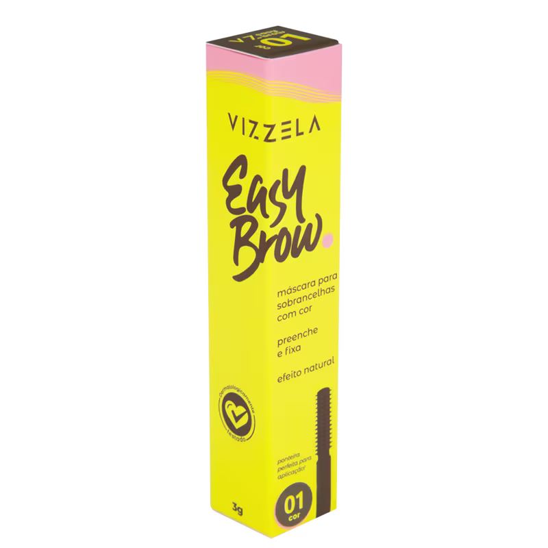 O produto é uma máscara para sobrancelhas da marca Vizzela. Consiste em um frasco cilíndrico amarelo com a inscrição "Easy Brow" e a descrição "máscara para sobrancelhas marrom" em português.