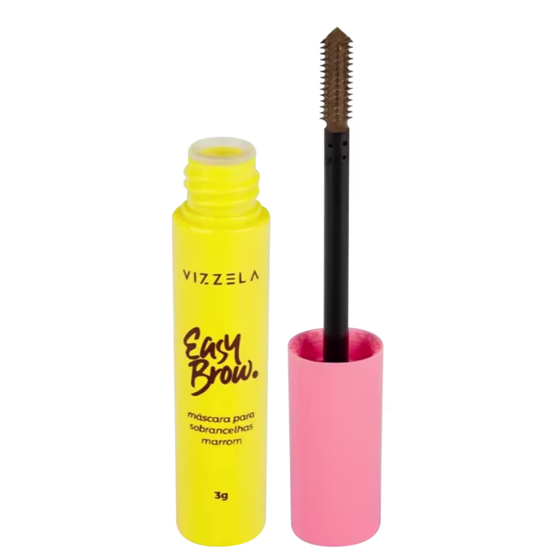 O produto é uma máscara para sobrancelhas da marca Vizzela. Consiste em um frasco cilíndrico amarelo com a inscrição "Easy Brow" e a descrição "máscara para sobrancelhas marrom" em português.