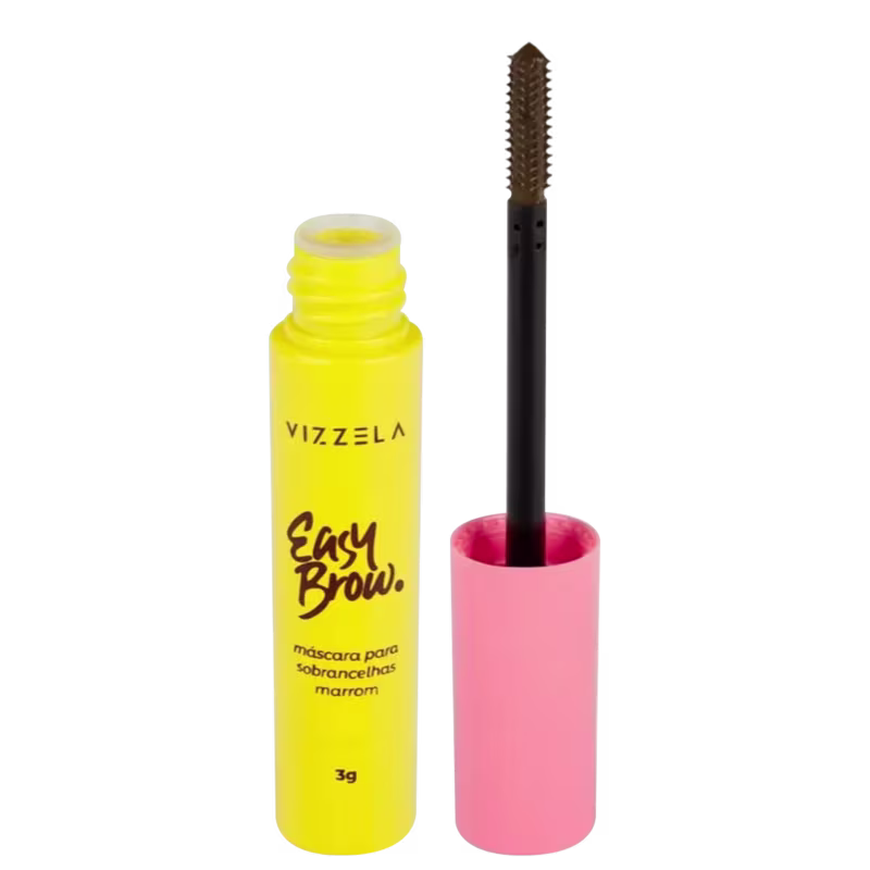 O produto é uma máscara para sobrancelhas da marca Vizzela. Consiste em um frasco cilíndrico amarelo com a inscrição "Easy Brow" e a descrição "máscara para sobrancelhas marrom" em português.