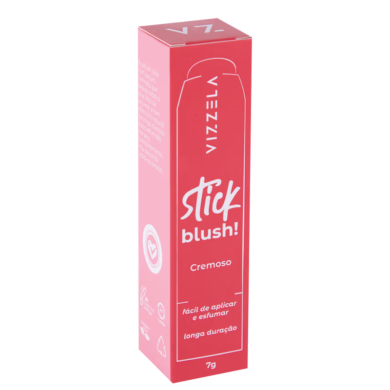 Stick blush cremoso da marca Vizzela. Embalagem retangular em tons de vermelho e rosa. Rótulo com o nome do produto "Stick blush!" em letras brancas e detalhes como "Cremoso, fácil de aplicar e estumar, longa duração".