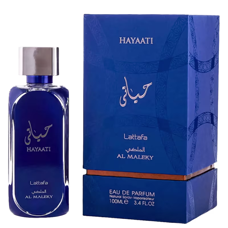 A imagem mostra o perfume Hayaati Al Maleky e sua caixa ao lado.