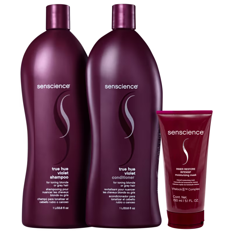 A imagem mostra três produtos da marca Senscience: dois frascos de shampoo e condicionador da linha "True Hue Violet" e um tubo de máscara hidratante "Inner Restore Intense".
