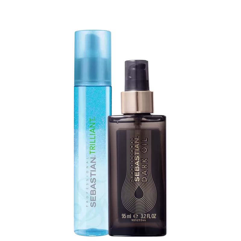 Sebastian Professional Trilliant é um protetor térmico em um frasco cilíndrico azul. Sebastian Professional Dark Oil é um óleo de tratamento em um frasco retangular escuro com rótulo preto e detalhes em relevo.