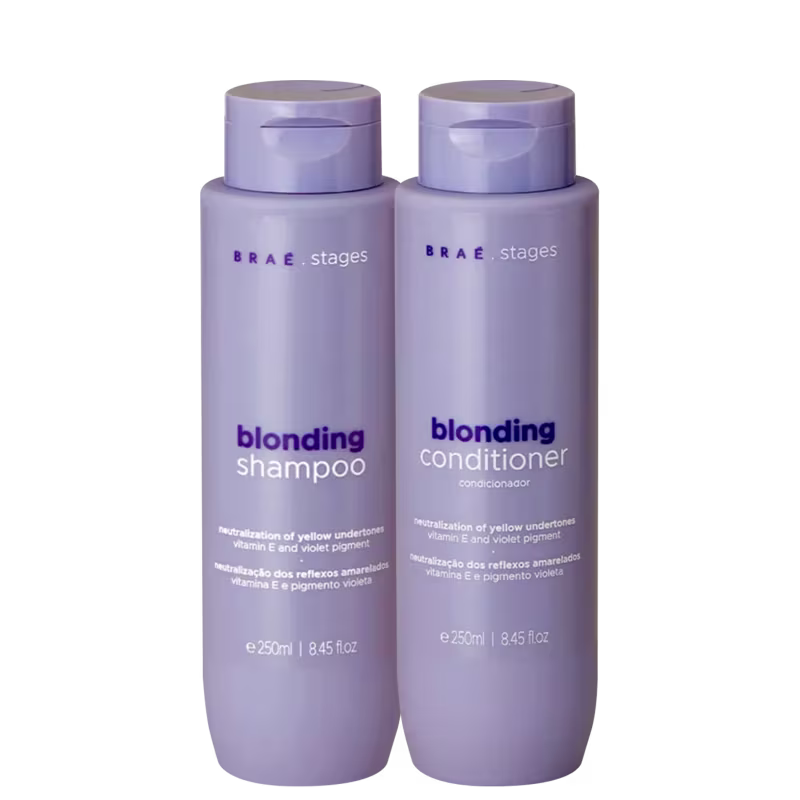 Dois frascos de produtos Braé para cabelos loiros: um shampoo e um condicionador, ambos em embalagens roxas com detalhes em branco e azul, contendo informações sobre a neutralização de tons amarelados.