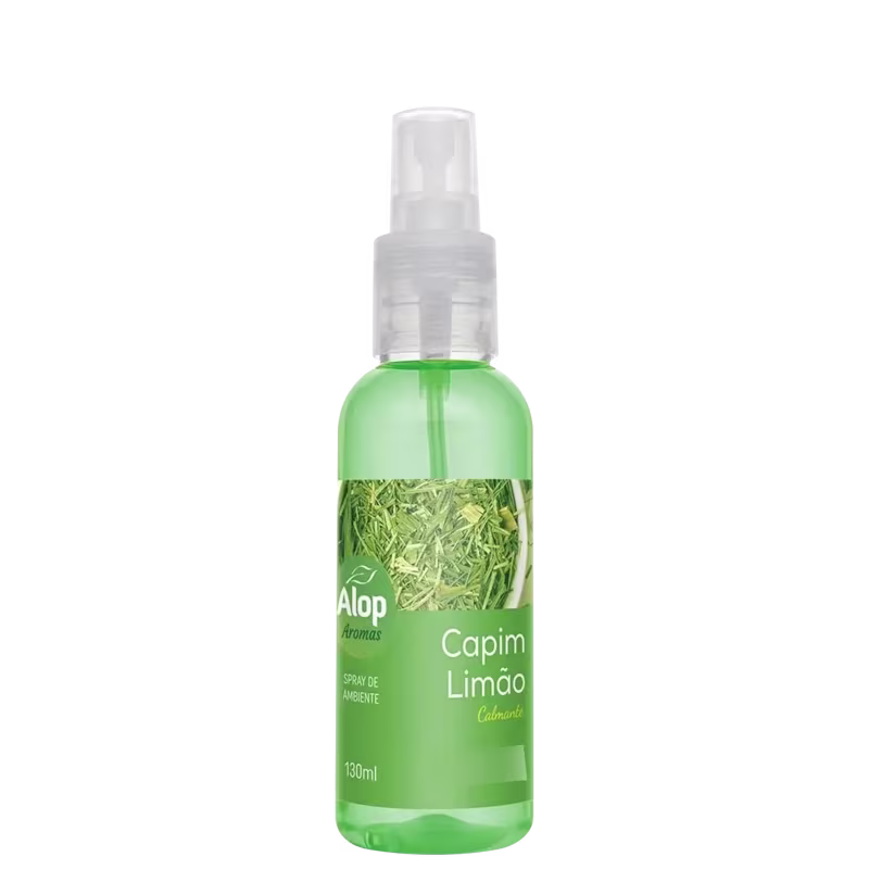 Spray de ambiente. Embalagem com rótulo "Alop Aromas Capim Limão" e indicação de volume de 130ml. Bico borrifador branco na parte superior. Design simples com imagem de capim ou folhas verdes estilizadas na parte frontal do frasco.