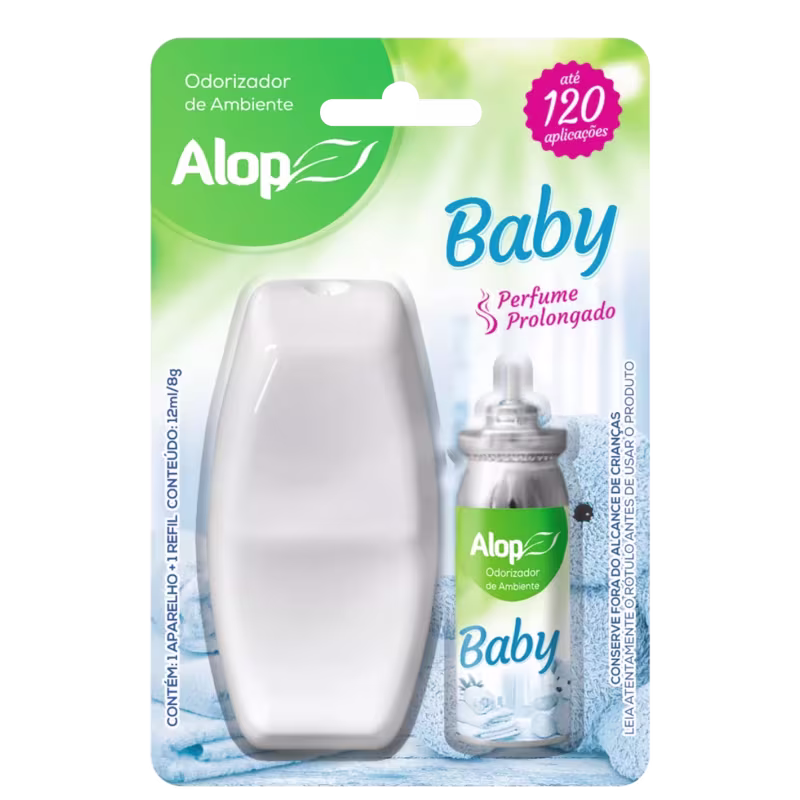 Odorizador de ambiente Alop Baby. Embalagem contendo um frasco plástico branco oval e um refil. Rótulo verde com o logotipo Alop e texto "Baby" em azul. Destaque para "Perfume Prolongado" e "até 120 aplicações".