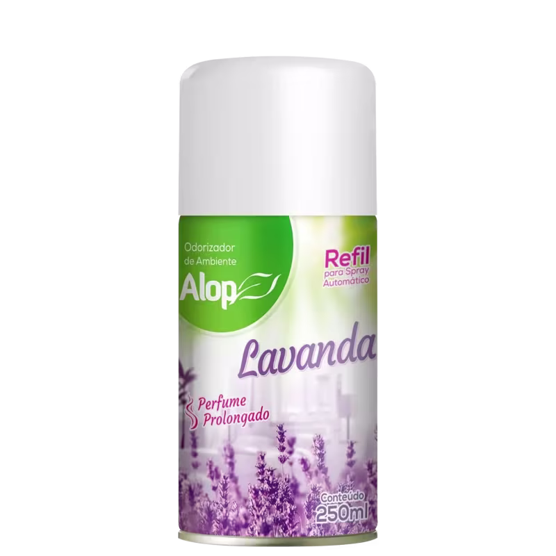 Refil para spray automático de odorizador de ambiente com aroma de lavanda da marca Alop. Embalagem cilíndrica branca de 250ml. Rótulo verde e roxo com imagem de flores de lavanda.