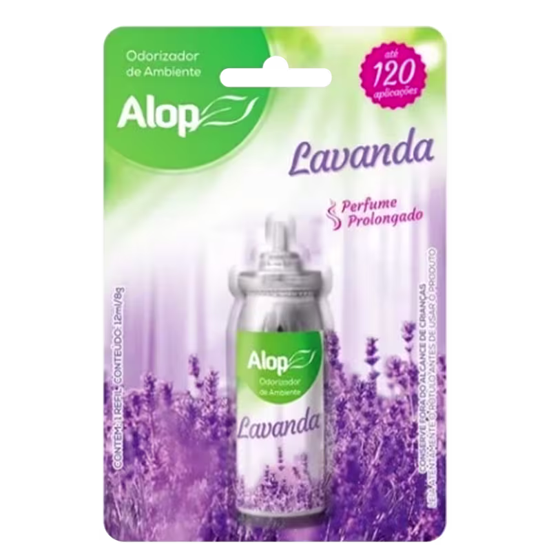 Odorizador de ambiente Alop com fragrância de lavanda. Embalagem plástica verde e roxa com imagem de flores de lavanda. Frasco branco com líquido verde dentro. Rótulo indicando "Perfume Prolongado" e "120 aplicações".