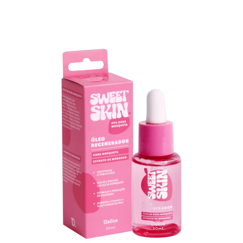 A imagem mostra uma caixa rosa com letras brancas, retangular, ao lado de um frasco transparente com tampa rosa e conta-gotas branco.