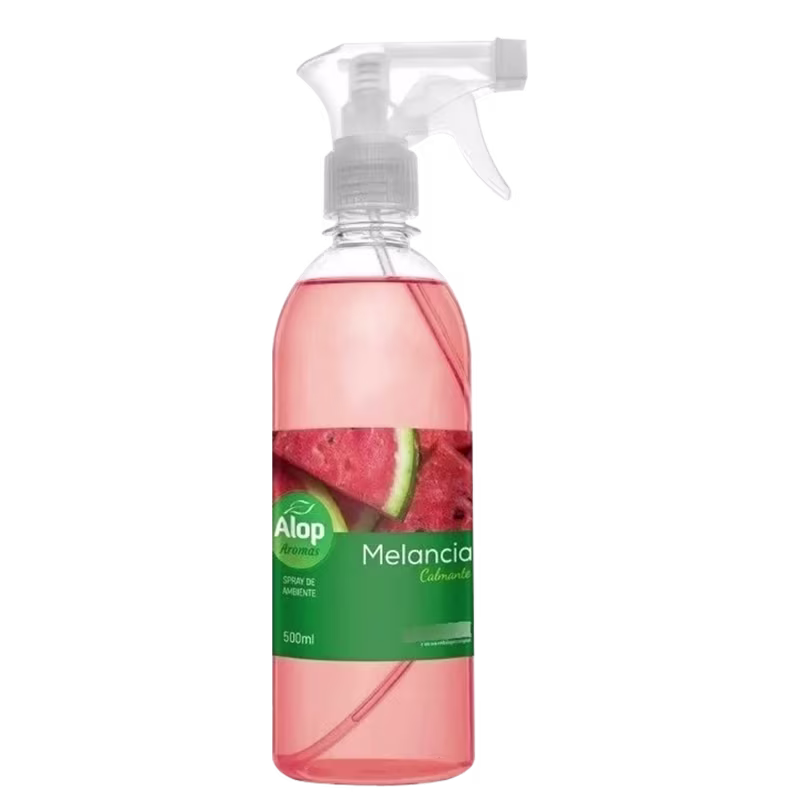 Spray de ambiente Melancia Calmante da marca Alop Aromas. Embalagem transparente com líquido rosa e imagem de melancia. Rótulo verde com o nome do produto e a marca. Capacidade de 500ml. Bico borrifador branco na parte superior.