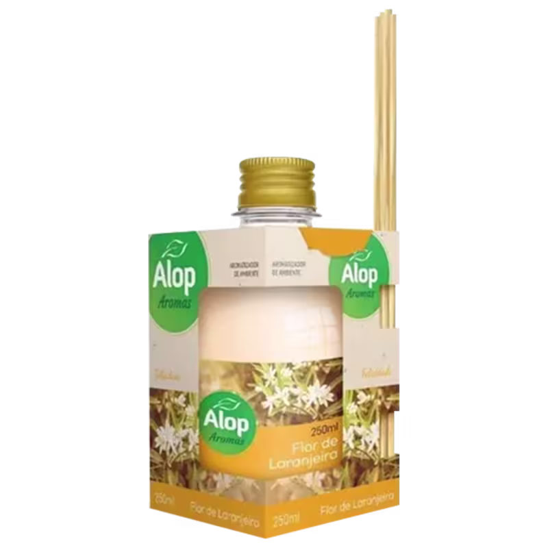 Difusor de ambiente de 250ml com varetas. A embalagem tem rótulos verdes com o logotipo "Alop Aromas" e um rótulo laranja com o texto "Flor de Laranjeiro". A parte central da embalagem apresenta uma imagem de flores brancas.