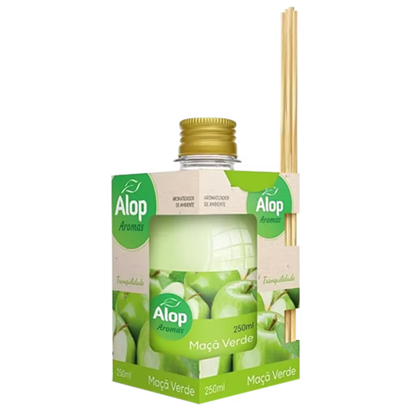 Difusor de ambiente com varetas de 250ml. A embalagem tem um rótulo verde com o logotipo Alop e o nome "Maçã Verde" em letras brancas. Há uma tampa dourada na parte superior.