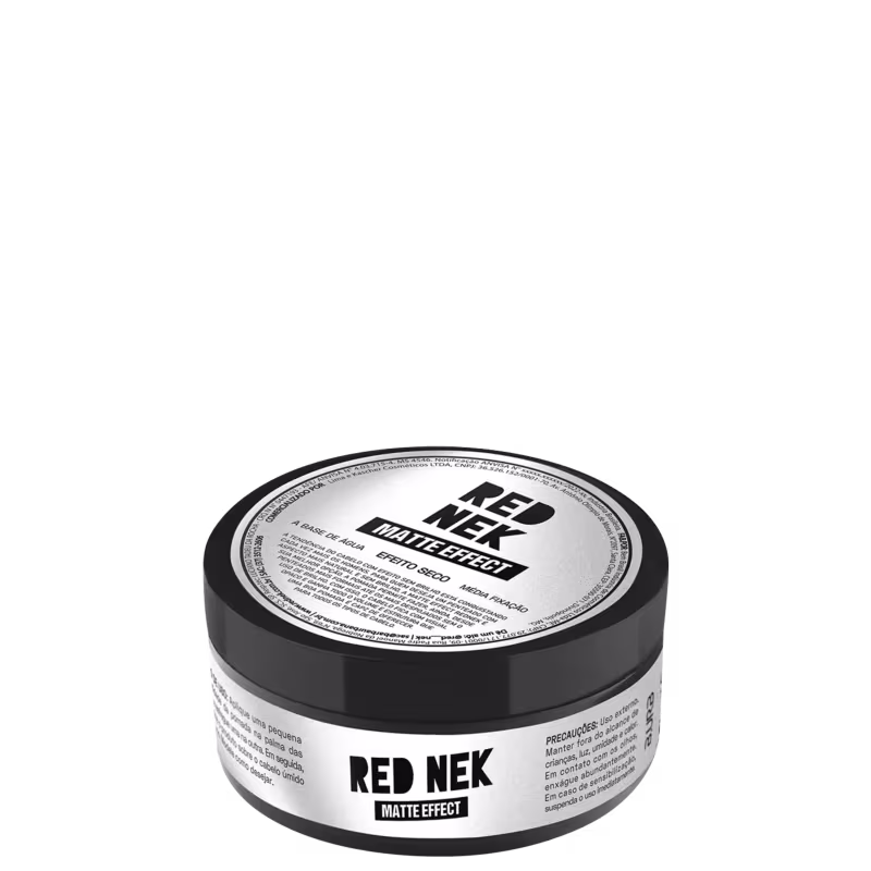 A imagem mostra um pote redondo preto com rótulo cinza e letras pretas.