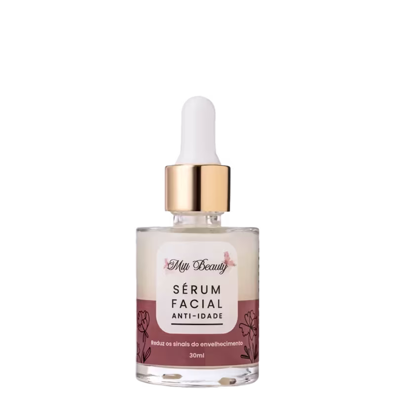 A imagem mostra um frasco pequeno, de 30ml, transparente com rótulo bege e marrom e tampa de conta-gotas branca com detalhe dourado.