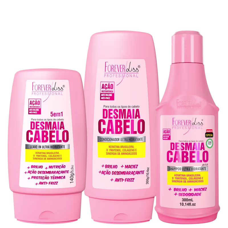 Forever Liss Kit Desmaia Cabelo Condicionador, Leave-In e Shampoo – Hidratação e Proteção Térmica