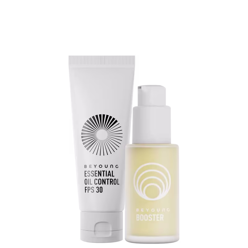 Dois produtos Beyoung: "Essential Oil Control FPS 30" e "Booster".