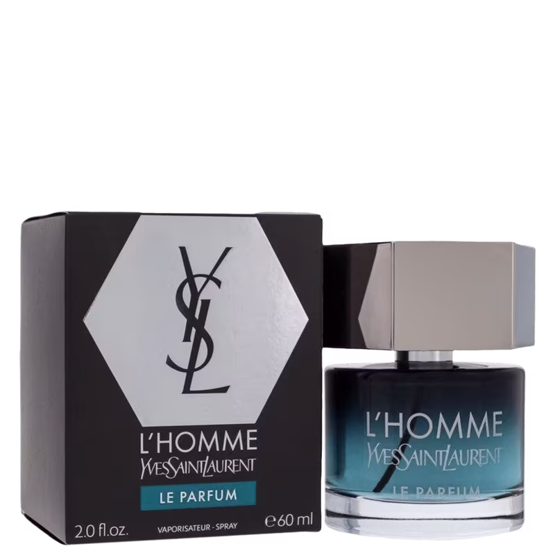 Frasco de vidro azul com tampa prateada. Caixa preta e cinza com o logotipo YSL em hexágono prateado. Rótulo indicando "L'Homme Le Parfum" e volume de 60ml. Embalagem retangular com design minimalista e cores sóbrias.