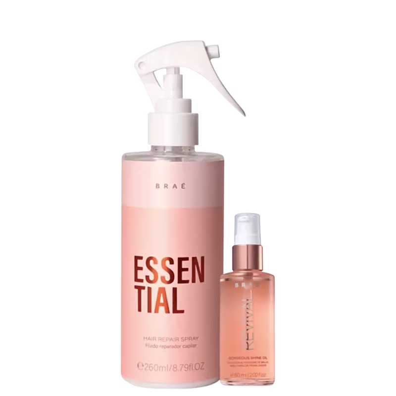 Este é um conjunto de dois produtos para o cabelo da Braé Hair Care. Inclui um spray de reparação capilar e um óleo de brilho para cabelos danificados.