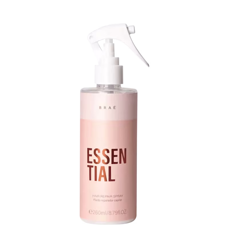 Spray finalizador para cabelos. Rótulo com o nome "Essential" em letras marrons maiúsculas e "Hair Repair Spray" em letras menores abaixo. Frasco com aplicador tipo borrifador e 260ml de volume.