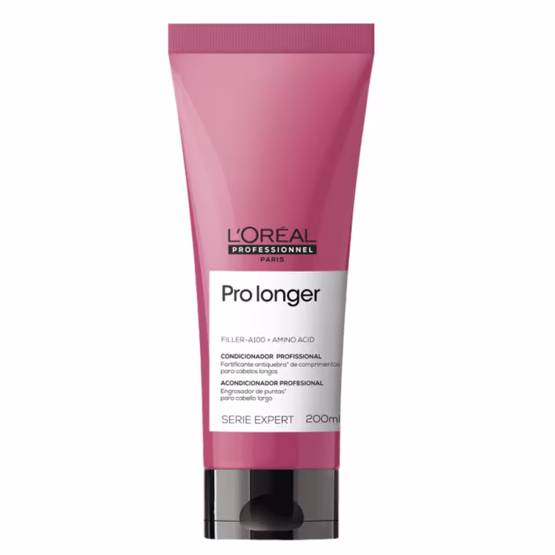 É um condicionador profissional da linha Pro Longer da L'Oréal Professionnel. A embalagem é um tubo plástico rosa com detalhes em vermelho escuro.