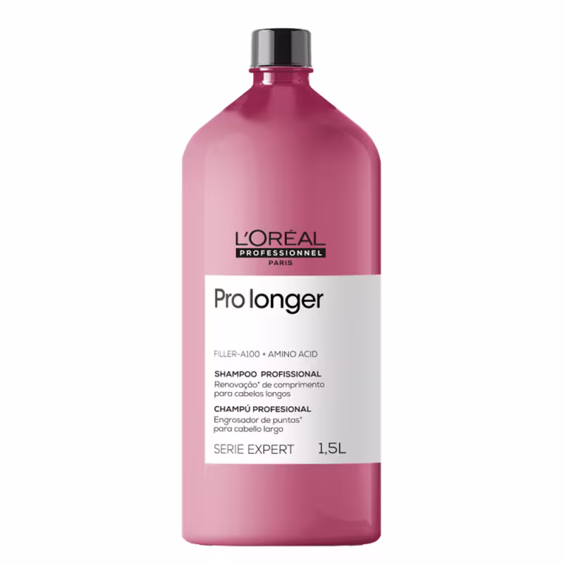 É um shampoo profissional da linha Serie Expert Pro longer da L'Oréal Professionnel. O frasco é de plástico rígido na cor rosa escuro, com capacidade de 1,5 litros.