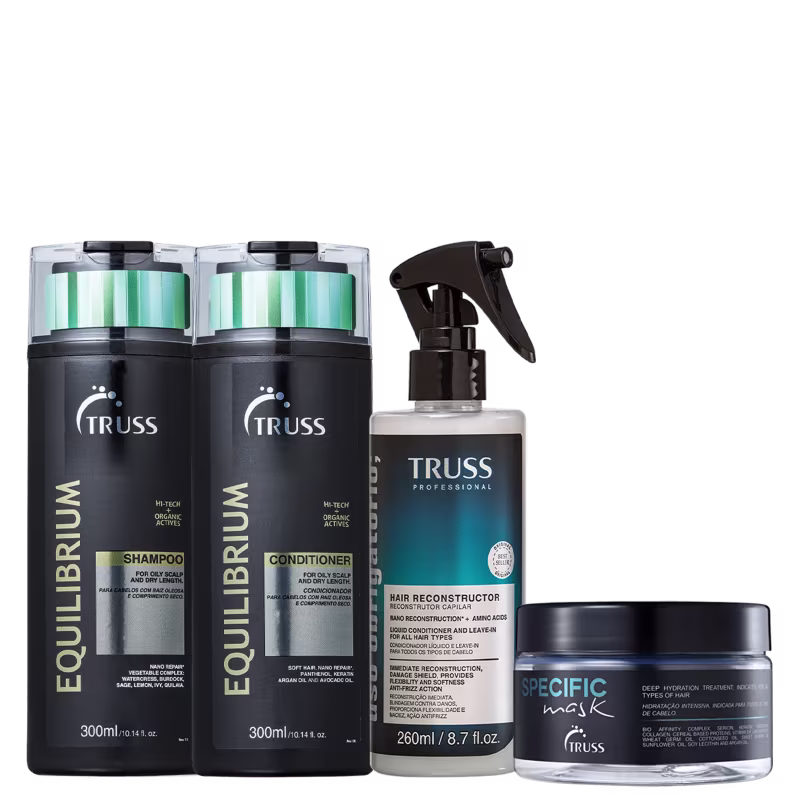 Produtos de cabelo da marca Truss, incluindo shampoo, condicionador e máscara de reconstrução capilar em embalagens pretas e verdes, além de um spray reconstructor em frasco branco.