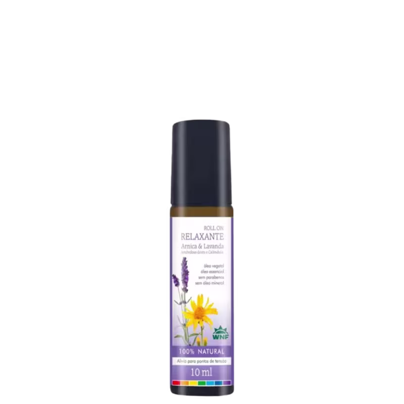 Frasco de óleo essencial roll-on da marca WNF, com rótulo indicando o nome "Relaxante" e ingredientes de Arnica e Lavanda. Embalagem preta com detalhes em dourado, apresentando uma flor amarela e folhas roxas no design.