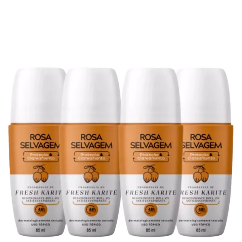 Quatro frascos de desodorante da marca Rosa Selvagem, com embalagem branca e laranja, contendo a descrição "Proteção e Clareamento" e "Fragrância de Fresh Karite".