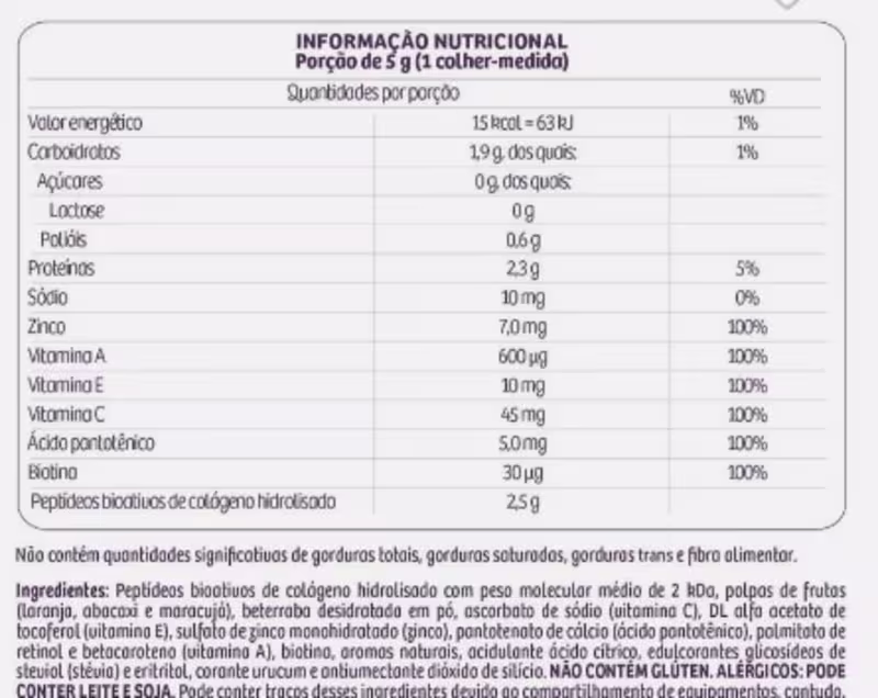 Informação nutricional: Porção de 5 g (1 colher-medido). Valor energético 15 kcal = 63 kJ. Carboidratos 1,9 g dos quais 0 g de açúcares. Proteínas 2,3 g. Sódio 10 mg. Zinco 7,0 mg. Vitamina A 600 μg. Vitamina E 10 mg. Vitamina C 45 mg.