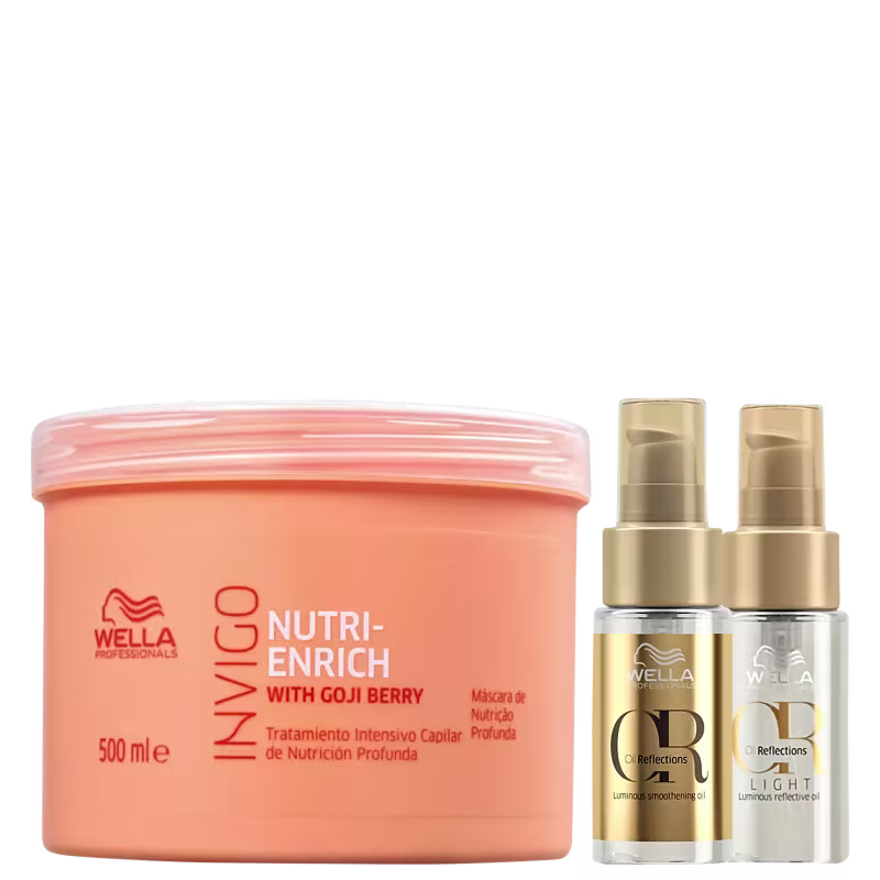 Kit Wella com Máscara Invigo Nutri-Enrich 500ml, óleo Oil Reflections 30ml, e Oil Light 30ml