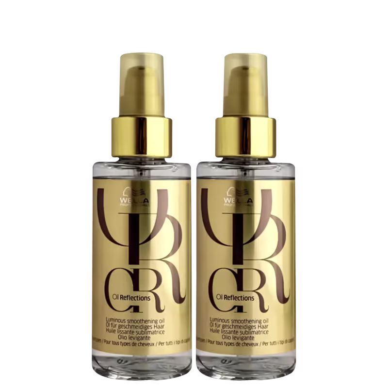 Dois frascos de óleo Oil Reflections da Wella Professionals, com embalagem em vidro transparente e tampa dourada.