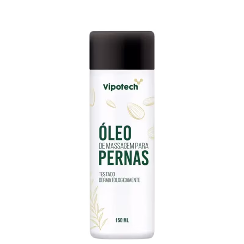 Óleo de massagem para pernas da marca Vipotech, em frasco branco com rótulo verde e detalhes em amarelo, contendo 150 ml do produto.