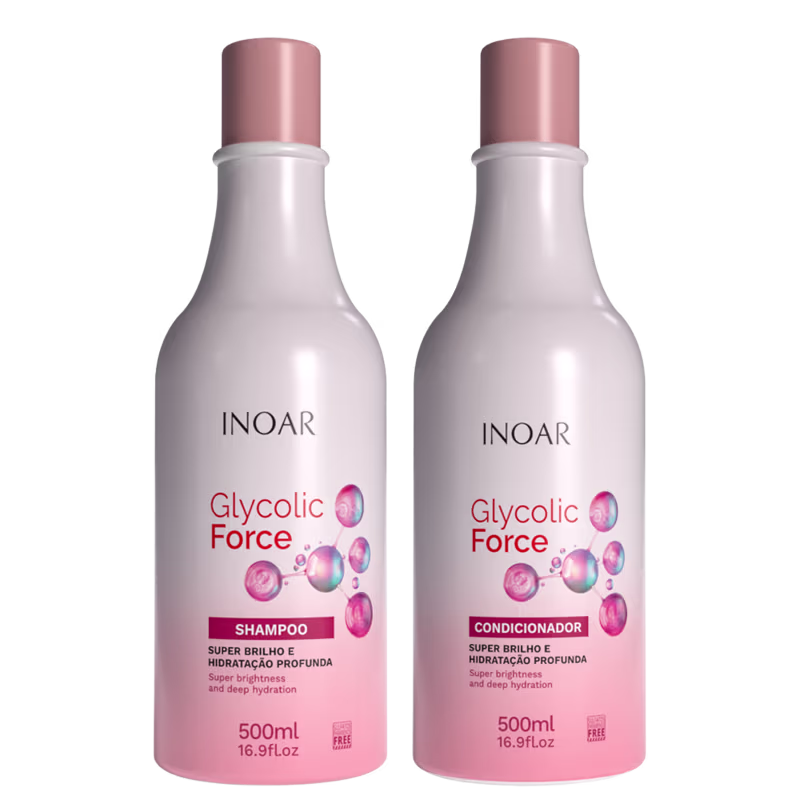 Kit com shampoo e condicionador Glycolic Force, da marca Inoar.