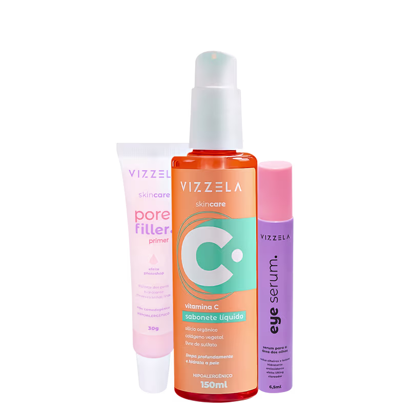 Kit Vizzela Vitamina C Pore Filler Eye Sérum Sabonete Primer (3 produtos)