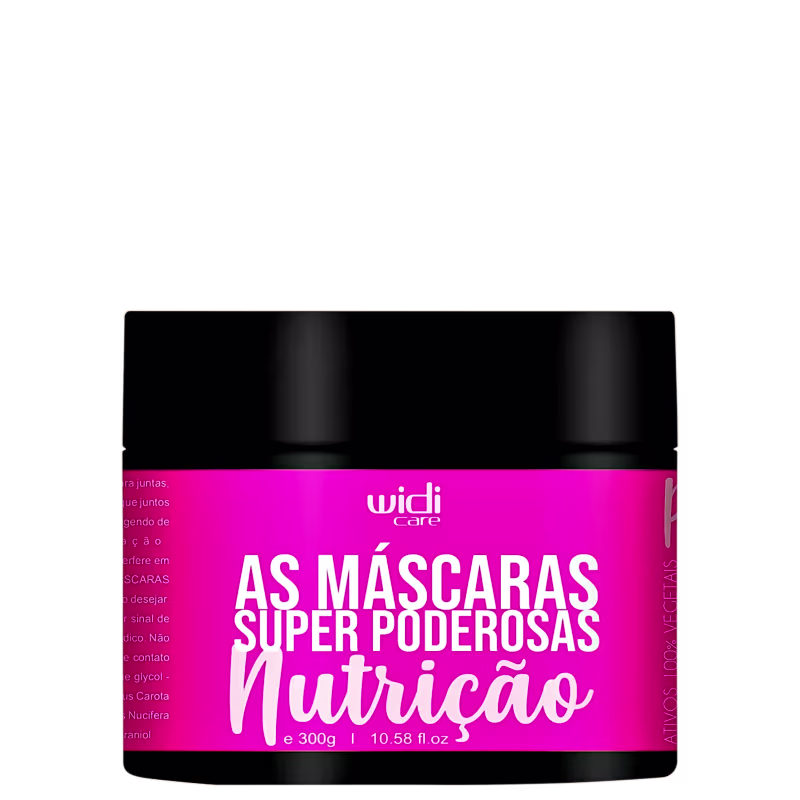 Embalagem preta e rosa com o texto "As Máscaras Super Poderosas Nutrição" da marca Widi Care, contendo 300g do produto.