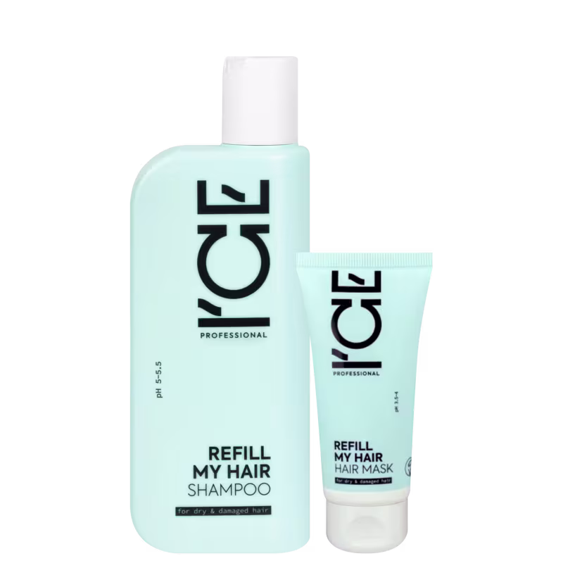 Dois frascos de produtos de cabelos da marca Ice Professional: um frasco branco com rótulo verde-menta contendo "Refill My Hair Shampoo" e um tubo branco com rótulo verde-menta contendo "Refill My Hair Hair Mask".