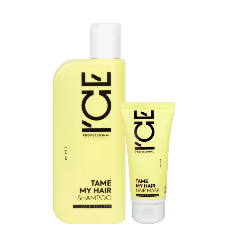 Dois produtos da marca Ice Professional: um frasco de shampoo amarelo e um tubo de máscara capilar branco, ambos com rótulos pretos destacando os nomes "Tame My Hair Shampoo" e "Tame My Hair Mask" para cabelos opacos e frisados.