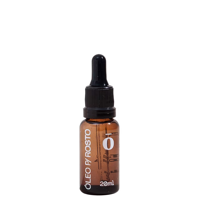 Frasco de óleo de rosto Fitō com 20ml, embalagem de vidro âmbar com conta-gotas preto, rótulo branco com texto "Óleo p/rosto" e logotipo da marca.