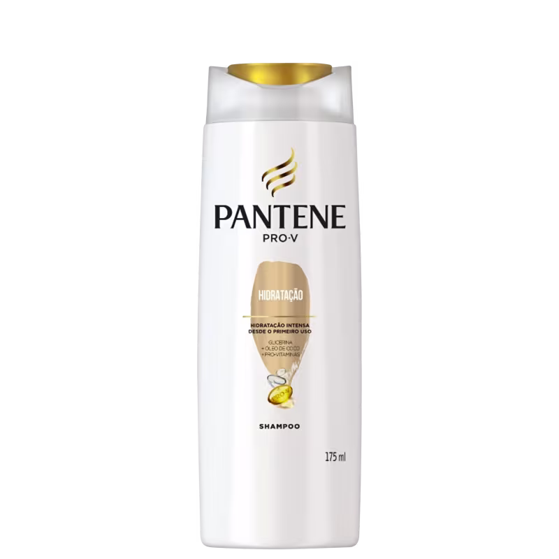 Frasco branco de shampoo Pantene Pro-V com rótulo dourado e preto, destacando a hidratação intensa desde o primeiro uso e contendo 175 ml do produto.