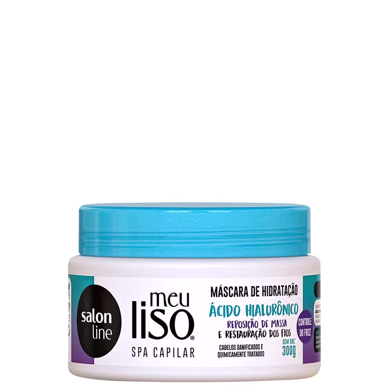 Máscara de hidratação Salon Line com ácido hialurônico, em embalagem plástica branca e azul, com rótulo indicando reposição de massa e restauração dos fios.