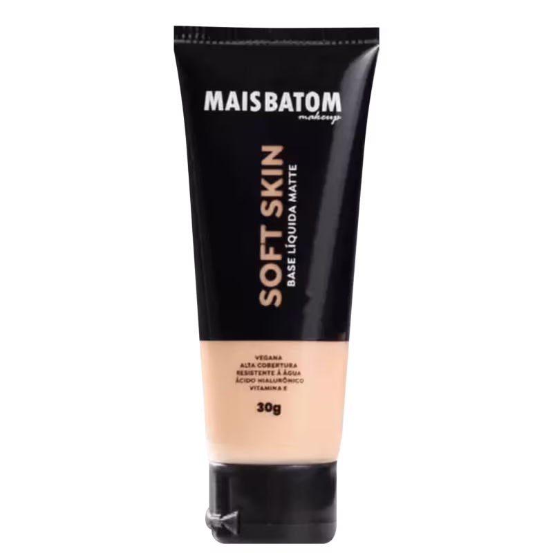 Tubo de maquiagem da marca Mais Batom, com embalagem preta e texto em branco e dourado. O produto é chamado de "Soft Skin" e possui 30g de conteúdo.