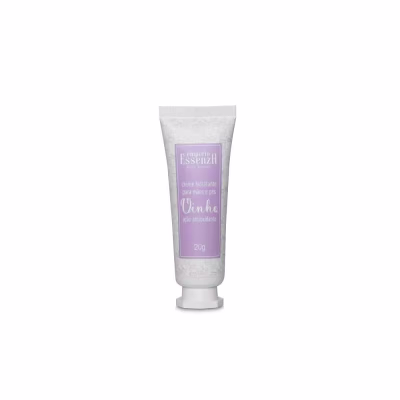 Tubo de creme hidratante da marca Empório Essenza Serra Gaúcha, com embalagem branca e rótulo lilás, contendo 20g do produto "Vinho", indicado como um creme hidratante.