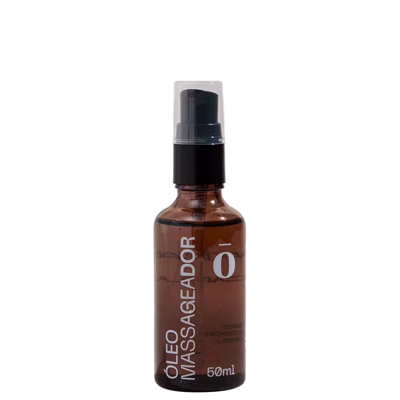Frasco âmbar com bomba dosadora preta contendo óleo de massagem da marca Fito. Rótulo branco com o nome "Óleo Massageador"