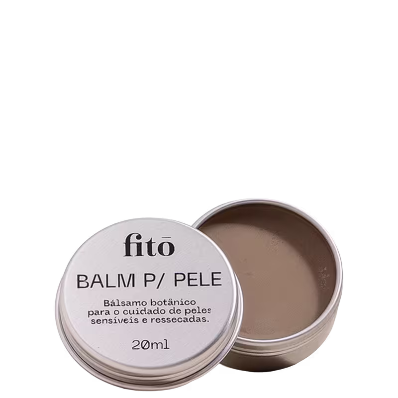 Balm p/ pele, bálsamo botânico da marca Fitō para cuidado de peles sensíveis e ressecadas, em embalagem redonda de 20ml com rótulo branco e preto.