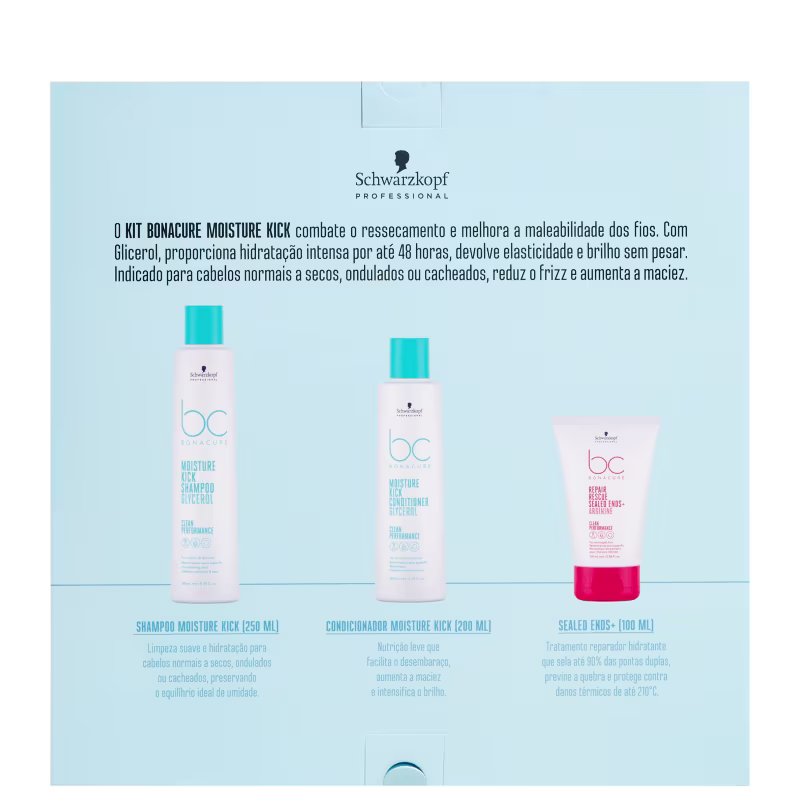 Kit Schwarzkopf Professional Moisture Kick + Repair Rescue, 3 produtos.
