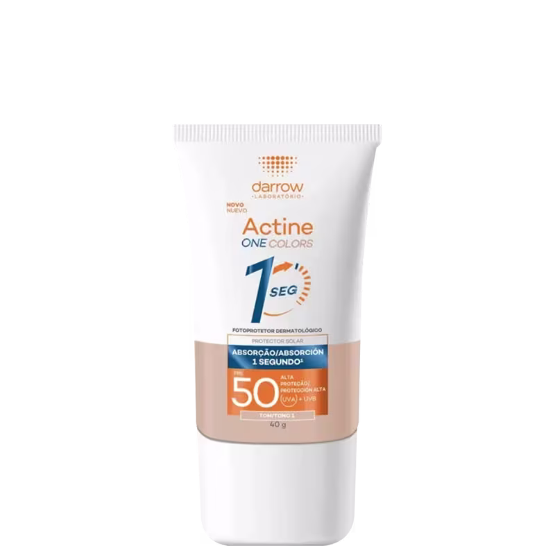 Tubo branco de protetor solar da marca Darrow, com rótulo laranja e azul, indicando o produto Actine One Colors com FPS 50 e absorção/proteção em 1 segundo.